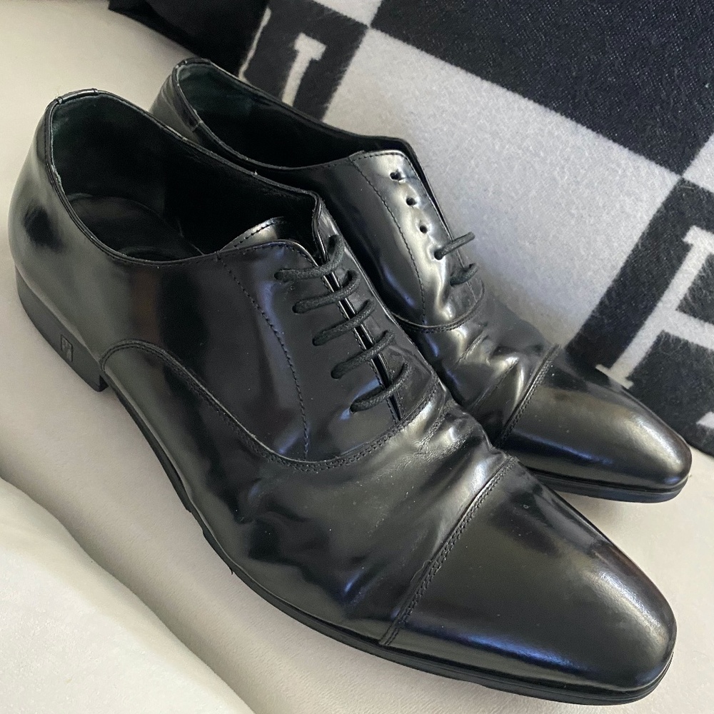 Versace Collection Mens Black High Shine Leather Cap Toe Oxfords SZ10.5 US/43 EU
